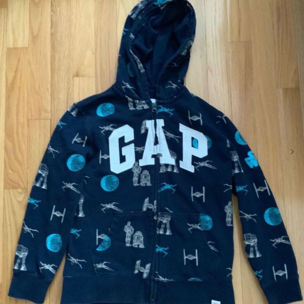 GAP Boy Star Wars Hoodie Size 10 L Zip R2 D2 C-3PO Death Star Blue